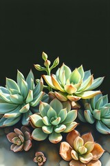 Fototapeta premium Colorful succulent plants arranged artistically on a dark background copy space