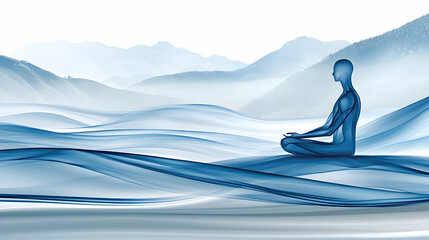 Serene man meditates amidst misty mountains; peaceful yoga pose; spiritual wellness imagery