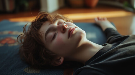 Teen lying on a yoga mat, eyes closed, listening to calming music, soft indoor light, mindfulness relaxation theme