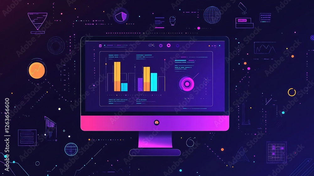 Poster neon computer screen displays vibrant data analytics charts and graphs.