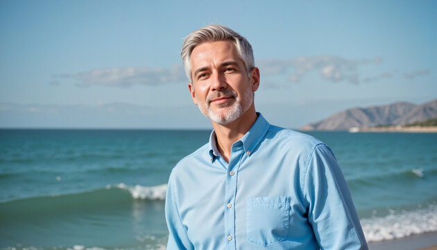 Senior man with gray hair standing by the ocean, looking peacefully at the sky