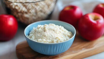 Oatmeal porridge for the baby from ground cereals in a blue bowl, red ripe apples on a wooden board close-up. The first complementary food of a child, baby nutrition