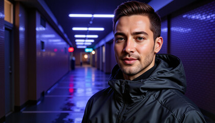 Young man in a black techwear jacket posing in a neon-lit urban hallway, stylish and modern