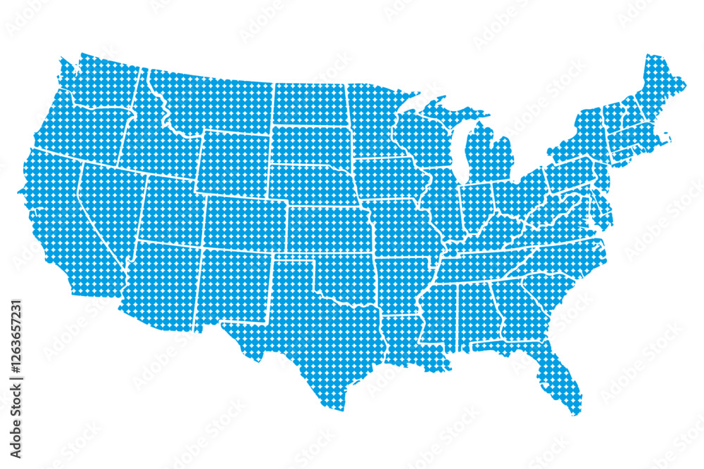 Wall mural USA blue dotted outline map isolated on a transparent or white background. Detailed map of the United States with outlined administrative divisions in a dotted style, vector illustration.