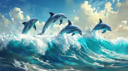 Naklejka premium Playful Dolphins Leaping Through Ocean Waves Under a Sunny Sky