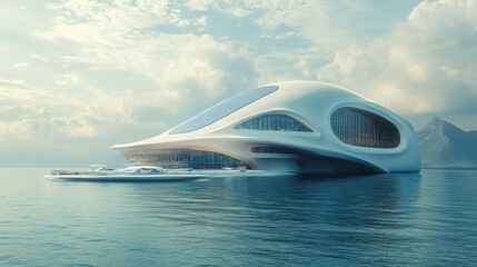 Obraz premium an aquatic research center nestled in the ocean, with streamlined design, solar panels, and underwater laboratories, highlighting the structure's advanced technology and environmental integration.