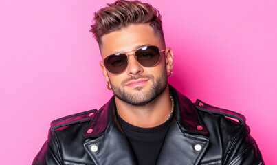 Obraz premium Stylish Man with Sunglasses and Leather Jacket Posing Against Pink Background for Fashion and Trendy Lifestyle Concepts