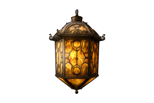 Ornate glowing amber lantern hanging in darkness elegant design warm light enchanting ambiance