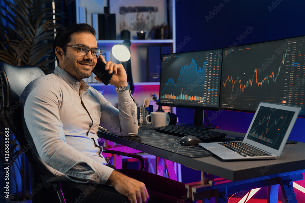 Aufkleber trader smart businessman looking camera, calling to broker or partner, against on dynamic stock exch