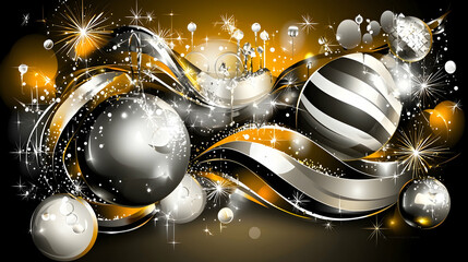 Fototapeta premium Festive metallic ornaments swirl design, New Year's Eve celebration background, holiday greeting card