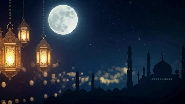ramadan mubarak animation, islamic design hanging ramadan candle lantern and mosque, Abstract background animation. Eid Mubarak Islamic design concept with Ramadan. Religious Muslim festival 