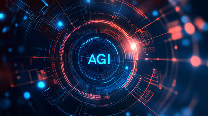 A high-tech digital interface featuring the glowing letters AGI surrounded by blue and red neon circuits symbolizing artificial general intelligence


