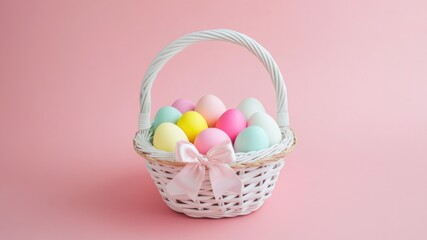 Fototapeta premium Easter wicker white basket with colorful pastel eggs for festive holiday on pink background. Greeting card.