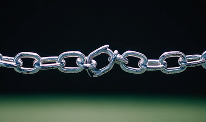 Obraz premium Close-up of a shiny stainless steel chain link with a broken connection, symbolizing disruption, fragility, and industrial resilience against a dark backdrop.