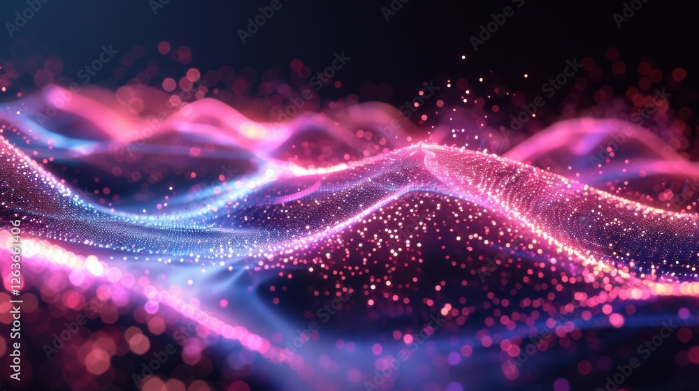 Fototapete flowing particle wave, abstract tech design, hi-tech big data background for business cards, banners