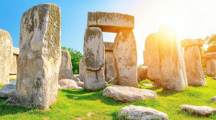 Naklejka premium Ancient stonehenge landscape at sunrise with large megalithic structures and bright sunlight