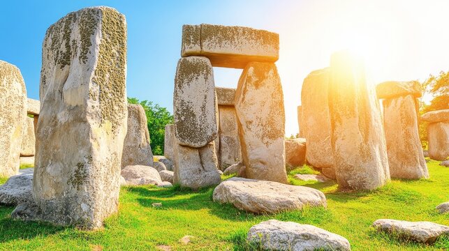 Ancient stonehenge landscape at sunrise with large megalithic structures and bright sunlight