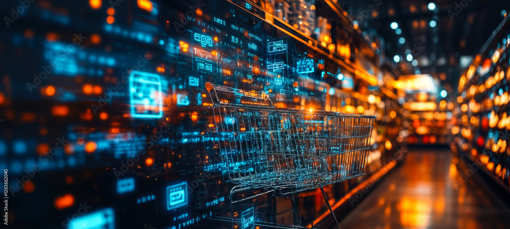 Poster ai-driven e-commerce shopping cart in futuristic digital supermarket with data visualization and rea