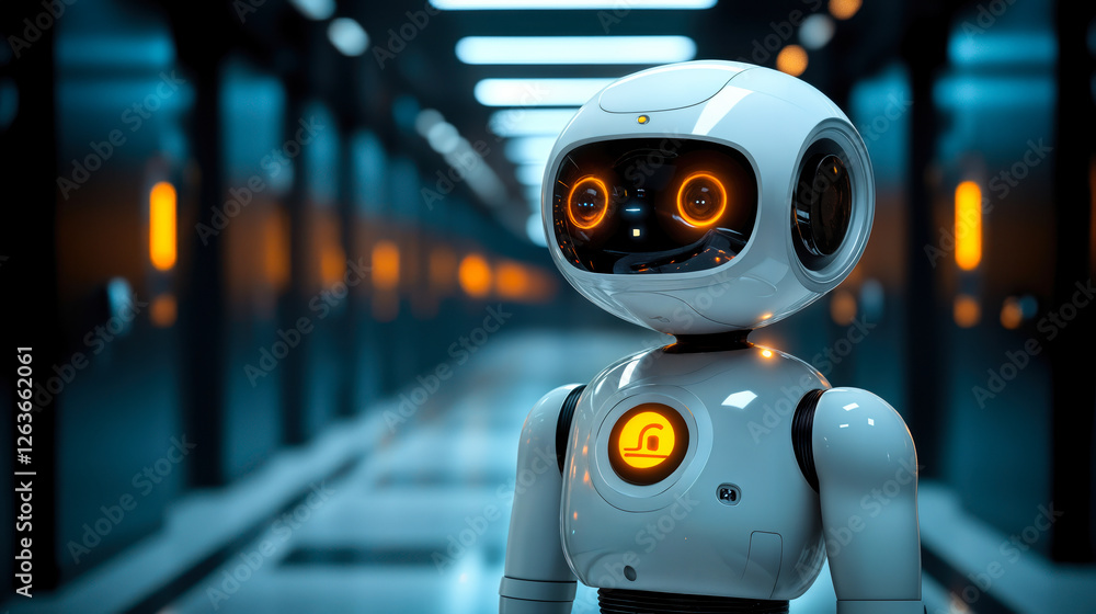 Poster futuristic robot with glowing eyes in high-tech hallway illustrating advanced robotics and artificia