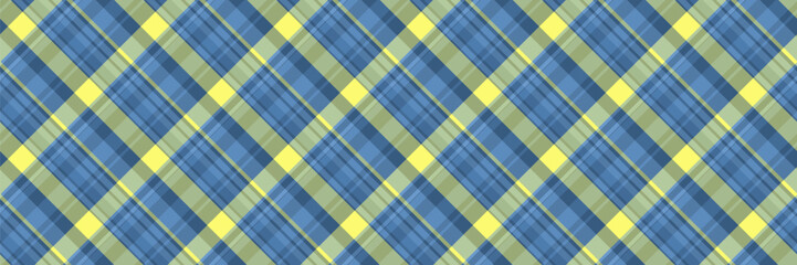 Vibrant diagonal plaid pattern in blue, yellow, and green hues. Perfect for textile design, web backgrounds, or fashion projects.  This textured, seamless design offers a modern yet classic aesthetic.