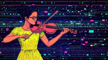 Woman Playing Violin Retro-futuristic illustration with vibrant neon accents.