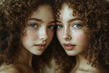 Close-up of two women with beautiful curly hair and striking blue eyes