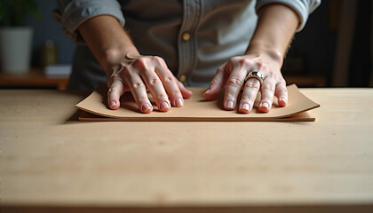 Hands working with leather on a wooden workbench