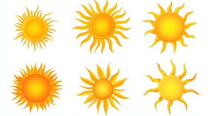 Summer flat sun logo. Yellow suns circles, bright natural lighting objects. Heating sunshine, isolated spring warm season utter vector symbols