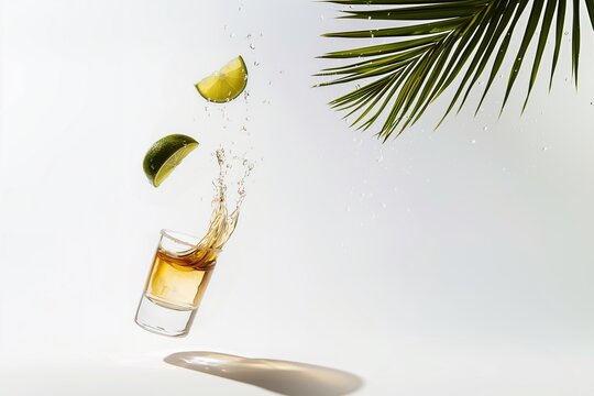 Tequila shot with splashing liquid and floating lime slices against a minimalistic white background with tropical palm leaves. A dynamic, refreshing, and elegant summer drink concept.