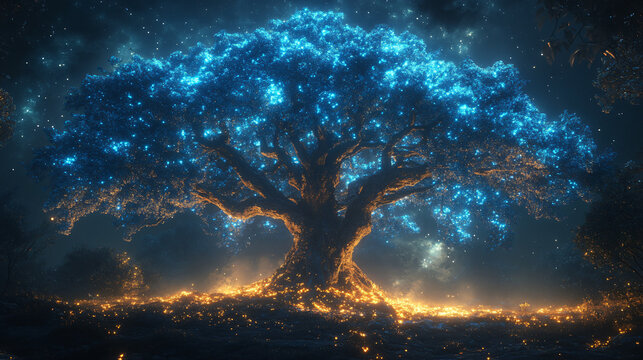 A massive, ancient tree with glowing blue leaves, perfect for fantasy-themed designs, events, or mystical storytelling. Ideal for Halloween or nature art.