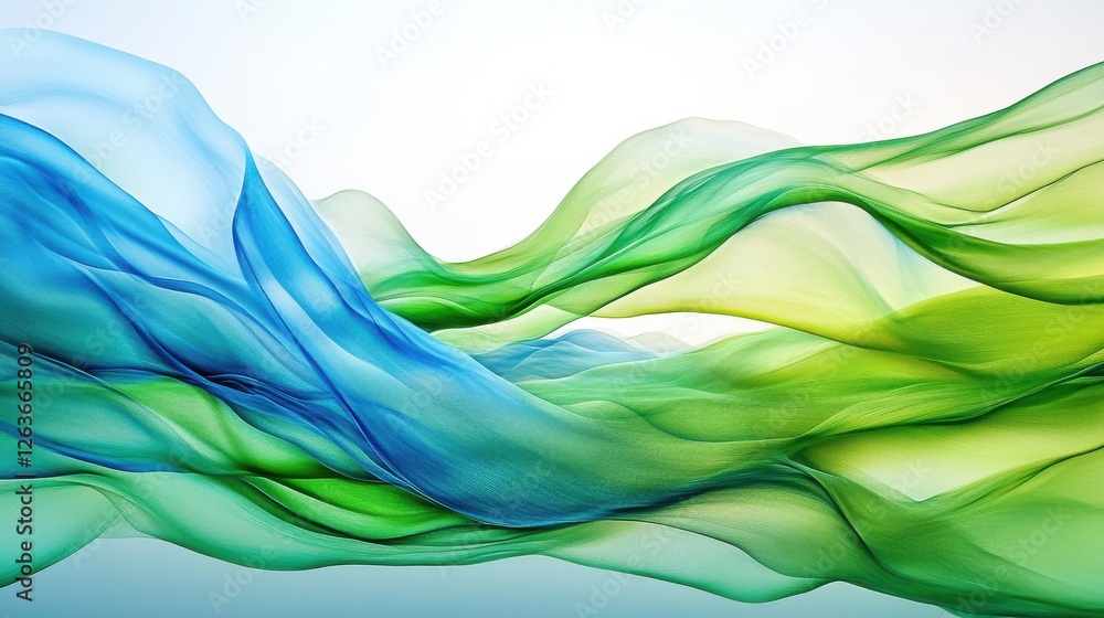 Poster a soothing abstract image featuring flowing green and blue waves on a gradient white background.