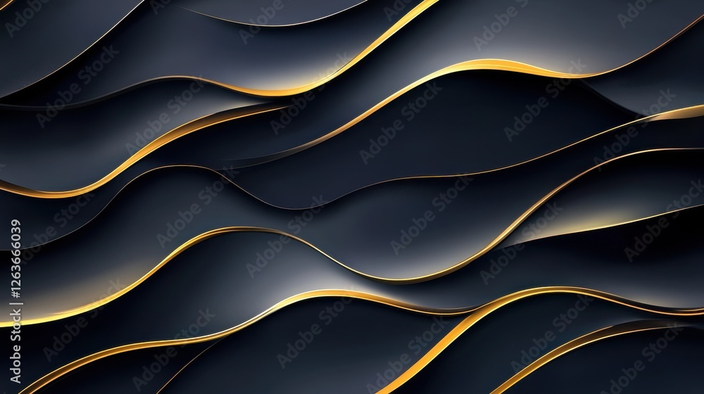 Poster a sleek and elegant abstract design featuring smooth, flowing golden waves set against a dark backgr