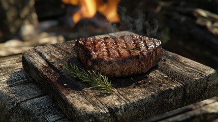 Obraz premium Artificially generated grilling of a fillet steak on a rustic wood table