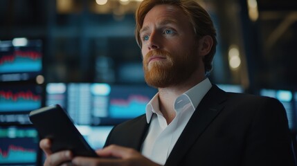 Male trader investor broker crypto analyst holding smartphone in hand analyzing stock market trading charts indexes data checking price using mobile stockmarket exchange app, over shoulder view.