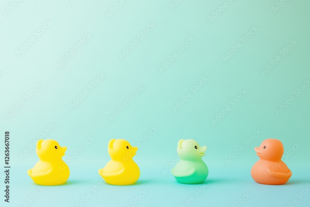 Poster colorful rubber ducks arranged in a playful line against a pastel background during a bright daytime