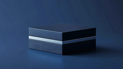 Modern black box design with silver highlights on a deep blue abstract background
