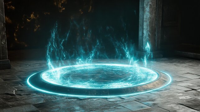 Energy spinning circle with blue glowing rays. Fantasy portal, magic twirled teleport on floor iod illustration. Effect energy ray teleport futuristic illustration