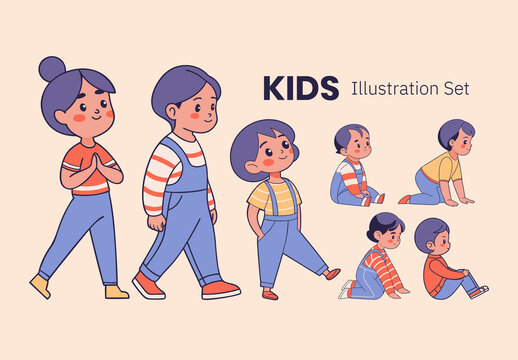 Pastel Cartoon Happy Children Development Character Illustration Set