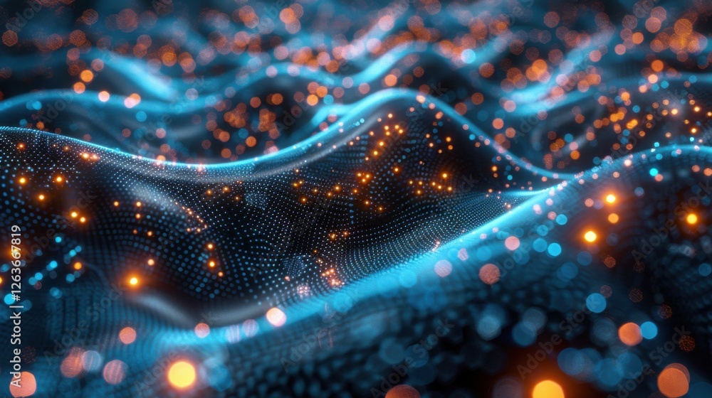 Fototapete flowing particle wave, abstract tech design, hi-tech big data background for business cards, banners