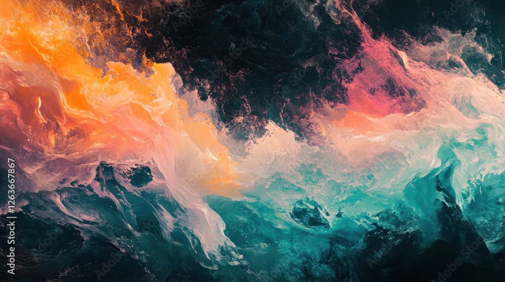 Poster abstract colorful waves of light against a dark background, featuring flowing lines in vibrant orang