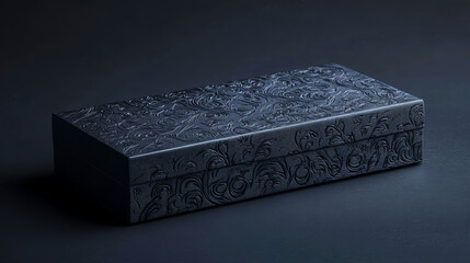 Premium rectangular black box with embossed logo detail showcased against dramatic lighting