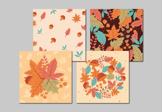 Beige And Brown Autumn Leaves Botanical Pattern Set