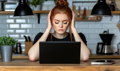 Young woman experiencing stress while working on laptop in modern kitchen, looking frustrated with her head in her hands, feeling overwhelmed by workload