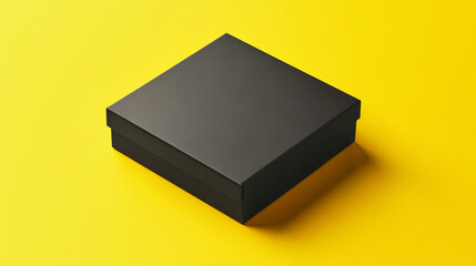 Sleek black box packaging mockup on bold yellow background for premium presentation