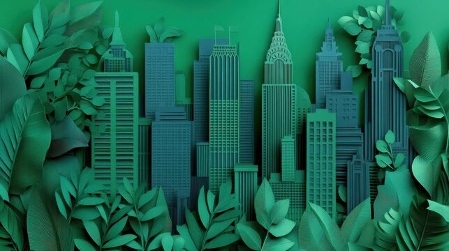 Monochromatic green paper art cityscape with skyscrapers and foliage. - Powered by Adobe
