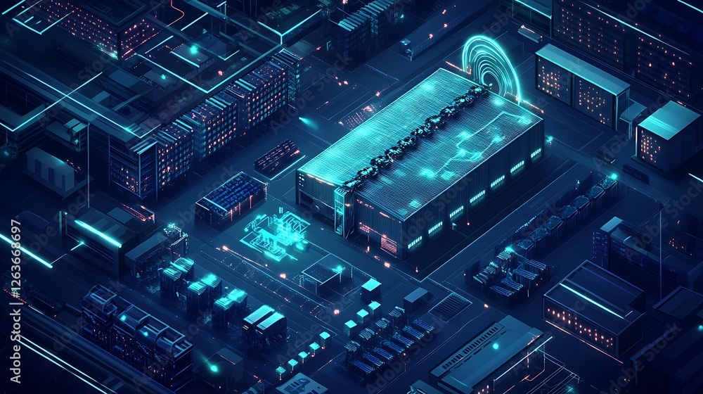 Poster futuristic smart factory with automated systems and glowing digital network connections.