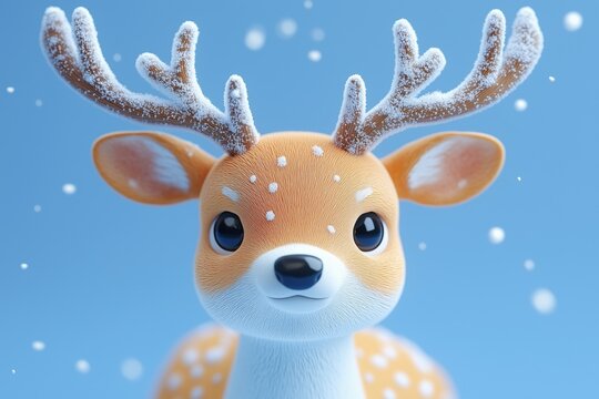 A cute, cartoon-style deer with large eyes and snow-dusted antlers, set against a blue background with falling snowflakes. The deer has a friendly expression and a spotted coat.