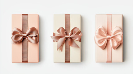 Rectangular gift packaging boxes mockups with decorative ribbons and bows on white background