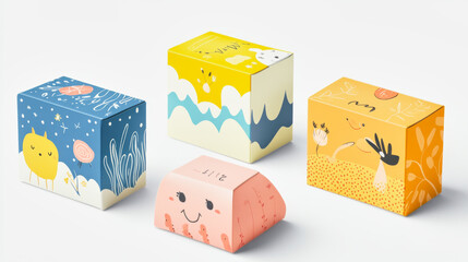 Bright and playful rectangular packaging boxes mockup for children's products on white background