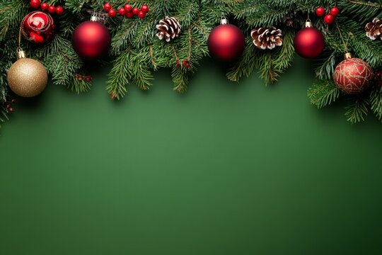 Christmas wreath with ornaments on teal background. Neural network AI generated